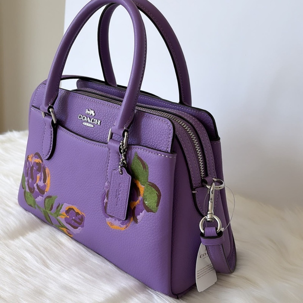 NWT💃Coach Mini Darcie Carryall With Rose Print/Pebble Leather/ Purple - Picture 2 of 13